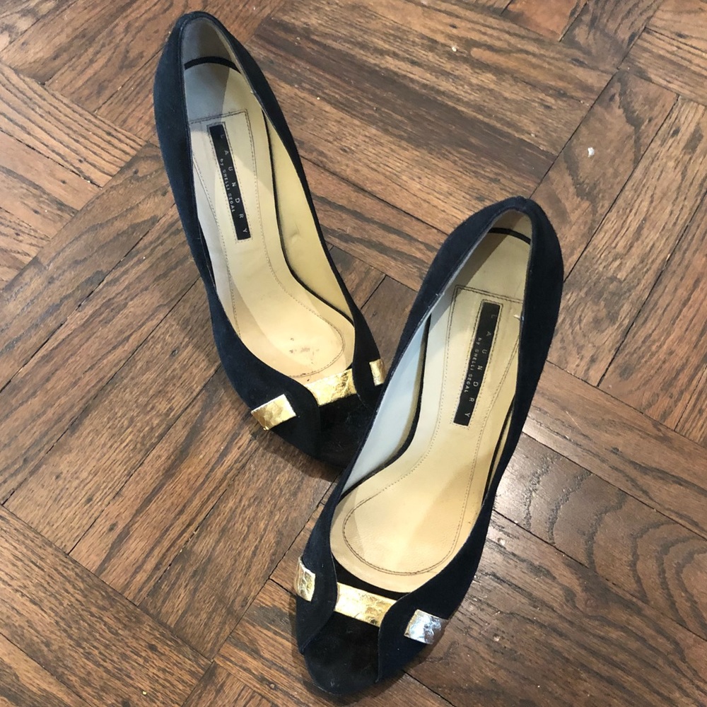 Black suede and gold snake skin leather heels